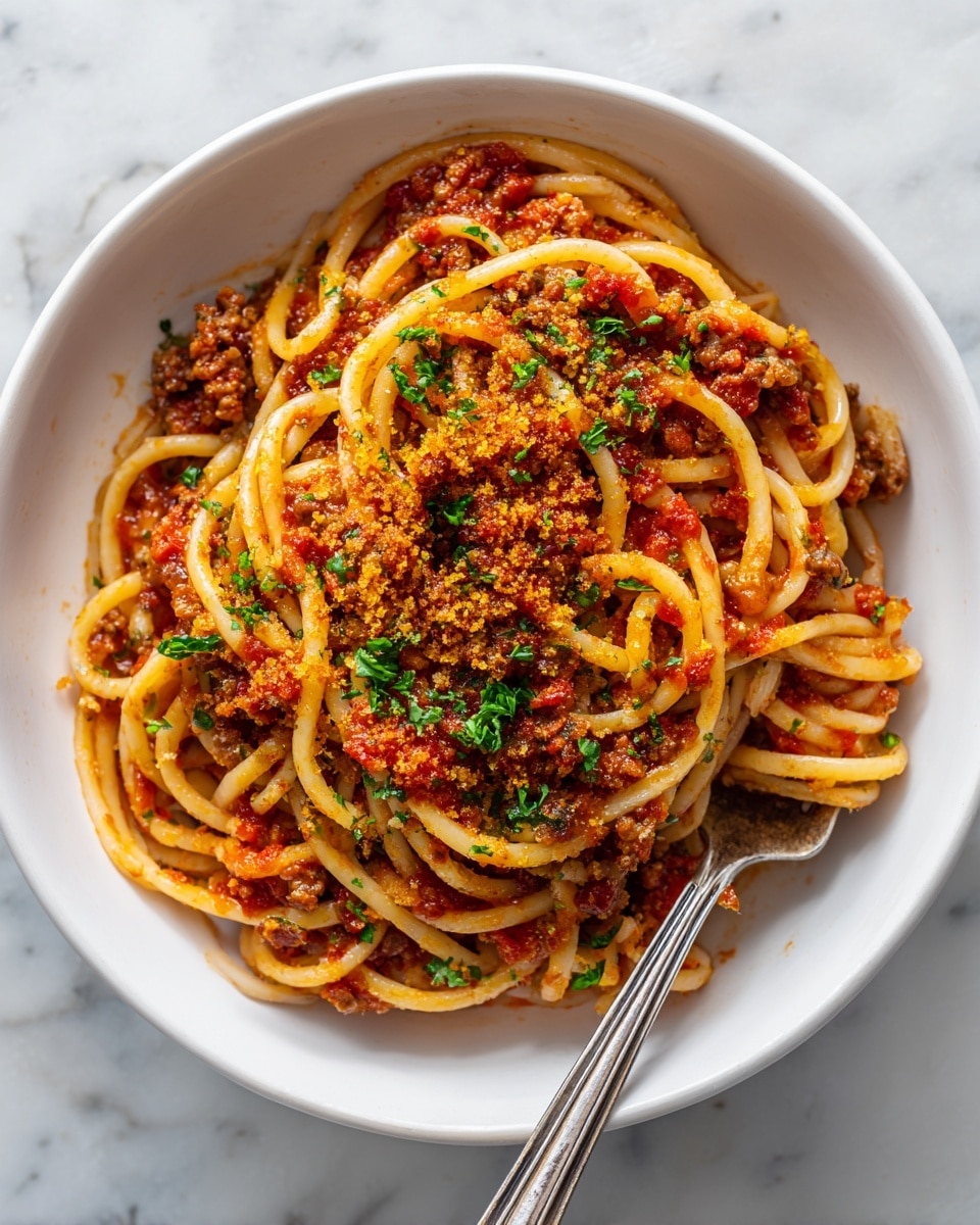 A white bowl filled with thick pasta coated in a rich red tomato sauce mixed with chunks of browned meat, topped with a small pile of golden, crunchy breadcrumbs and sprinkled with finely chopped green herbs. The pasta strands twist and curl around a silver fork resting inside the bowl. The bowl sits on a white marbled surface, with part of a white plate holding more breadcrumbs visible in the corner. photo taken with an iphone --ar 4:5 --v 7
