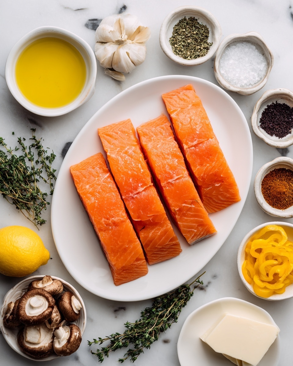 Four pieces of raw salmon with a bright orange color and smooth texture are neatly placed in a single row on a white oval plate in the center. Surrounding the plate on a white marbled surface are small white bowls and plates holding the ingredients: to the top left, a small bowl of yellow olive oil; beside it, a bowl with three garlic cloves; below that, two yellow lemons and fresh green thyme sprigs lie directly on the surface. On the bottom left, a white bowl is filled with brown mushrooms, some whole and some sliced. Nearby are three tiny white bowls with different spices: brown, dark purple, and light brown. To the top right of the salmon, a bowl of dried herbs sits next to a bowl of white salt and another bowl of black pepper. Below them is a bowl with strips of yellow bell pepper. Finally, at the bottom right, a white plate holds a block of white cheese. The background is a white marbled texture. Photo taken with an iphone --ar 4:5 --v 7