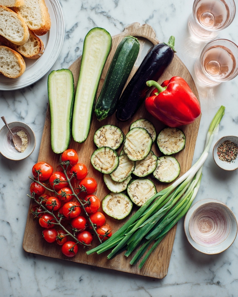 A wooden cutting board sits on a white marbled surface, holding various fresh vegetables. At the top left of the board, there are two long zucchini halves that are pale green inside and darker green outside. Below the zucchini, there are several round slices of eggplant with a light beige inside and dark purple skin. To the right of the eggplant, a whole bright red bell pepper sits next to a small bunch of green onions with white bases and long green tops. On the white marbled surface around the board, two bunches of small red cherry tomatoes on the vine are placed on the right. On the left side, a white plate with several slices of bread and a small white bowl containing some seasoning completes the arrangement. Two glasses with pale pink drink are nearby. Photo taken with an iphone --ar 4:5 --v 7