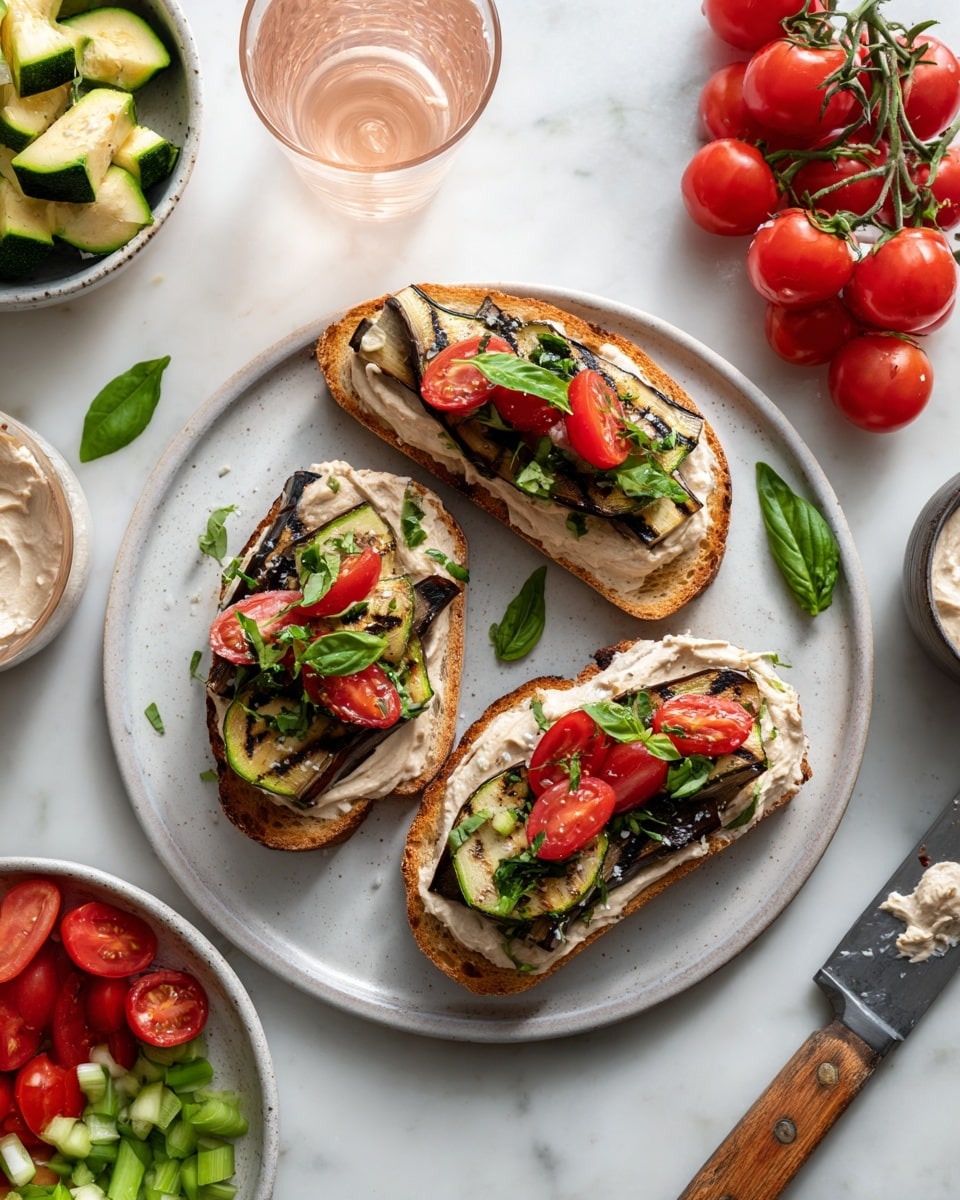 The image shows three slices of toasted bread arranged on a small white plate, each slice topped with a creamy light beige spread, grilled green zucchini pieces, dark grilled eggplant chunks, and bright red cherry tomato halves, garnished with fresh green basil leaves. To the top right of the plate, there is a small white bowl filled with more of the creamy spread and a wooden-handled knife resting on it. Around the plate, a bunch of fresh red cherry tomatoes on the vine, a couple of glasses with a pale pink drink, a small white dish with herbs, and a large white bowl filled with a colorful vegetable salad of chopped tomatoes, zucchini, and herbs are placed on a white marbled surface. Photo taken with an iphone --ar 4:5 --v 7