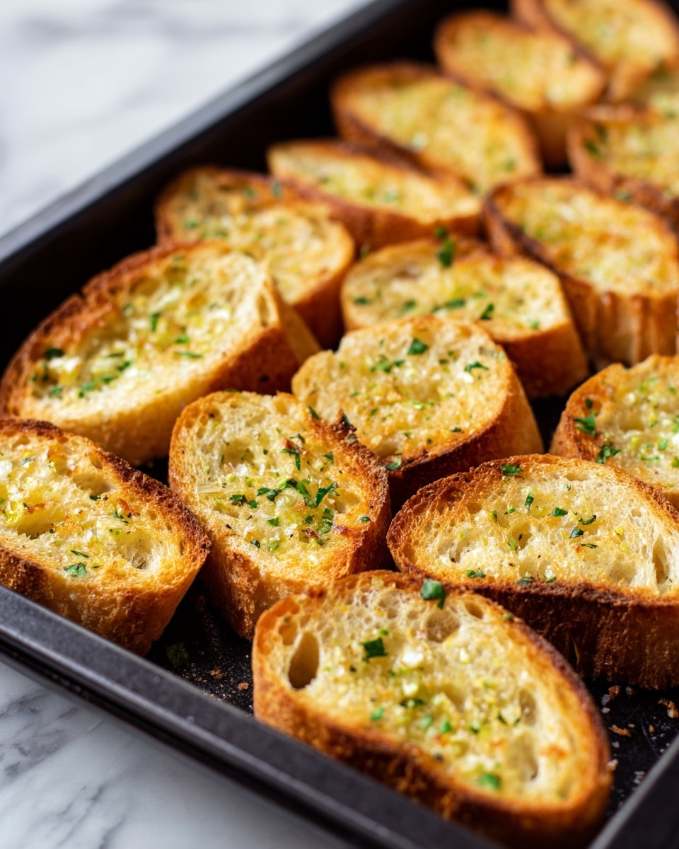 The image shows a black baking tray filled with several golden brown toasted bread slices arranged in neat rows. Each slice has a light crispy texture with small green herbs and some melted bits on top, giving a slightly uneven surface with pockets of airy holes. The bread looks crunchy around the edges and softer in the middle, with a slight shine from oil or butter. The background is a white marbled surface. Photo taken with an iphone --ar 4:5 --v 7