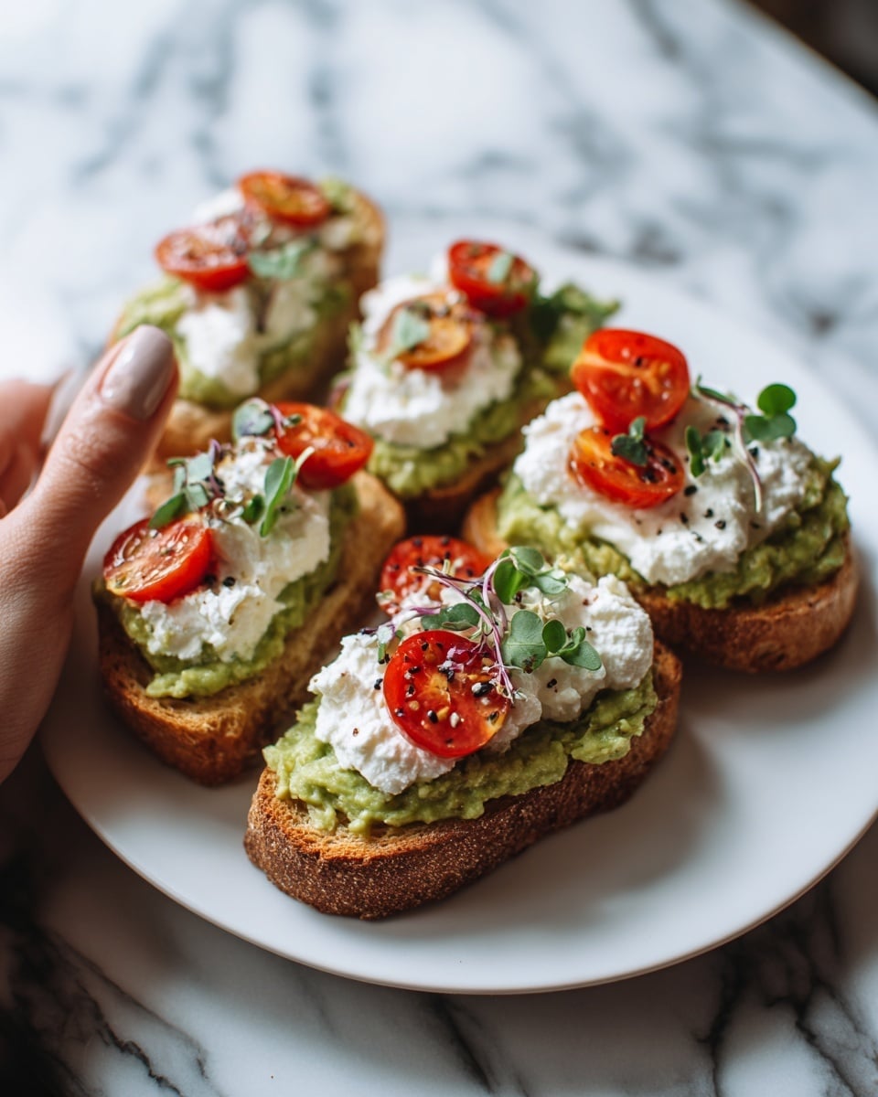 A slice of toasted bread topped with a thick green spread, likely avocado, covering the entire surface. On top of the green layer, there is a dollop of white creamy cheese with a soft texture, almost fluffy. A halved cherry tomato with a deep red color rests on the cheese, along with a small fresh green basil leaf. The slice looks fresh and colorful, with small black specks of seasoning scattered on the cheese. The background shows a white marbled surface. photo taken with an iphone --ar 4:5 --v 7
