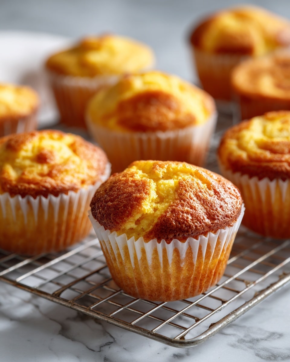 The image shows a close-up of several golden-yellow muffins with a browned, slightly crisp top layer. Each muffin is in a white ridged paper cup, with their soft, cracked tops showing a mix of golden and light brown hues, giving a textured look. The muffins are piled together on a metal wire rack that rests on a white marbled surface. The background is softly blurred, focusing the view on the muffins' textured, warm color and slightly uneven shapes, evoking a fresh-baked feel. photo taken with an iphone --ar 4:5 --v 7