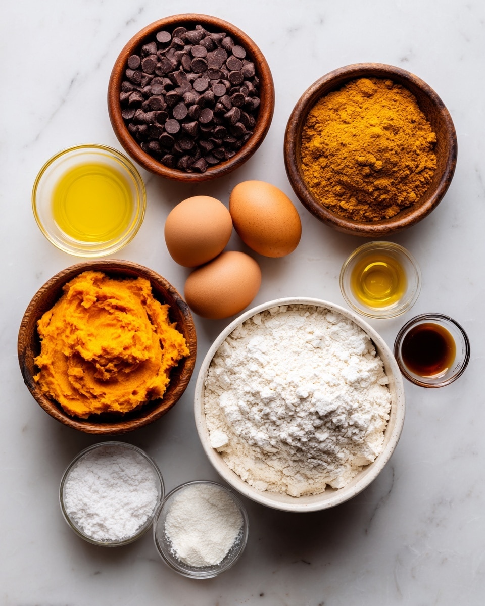 The image shows several ingredients for baking arranged neatly on a white marbled surface. There are two wooden bowls filled with dark brown chocolate chips and a golden-brown powder. Three brown eggs are placed in the middle. A large white bowl contains white flour, and a smaller white bowl holds bright orange pumpkin puree. Another small white bowl has a yellow liquid, likely melted butter or oil. There are two small glass bowls with white powders, probably salt and baking soda, and a small glass bowl with a dark brown liquid, possibly vanilla extract. All items are clearly separated and arranged in a balanced, clean layout. Photo taken with an iphone --ar 4:5 --v 7