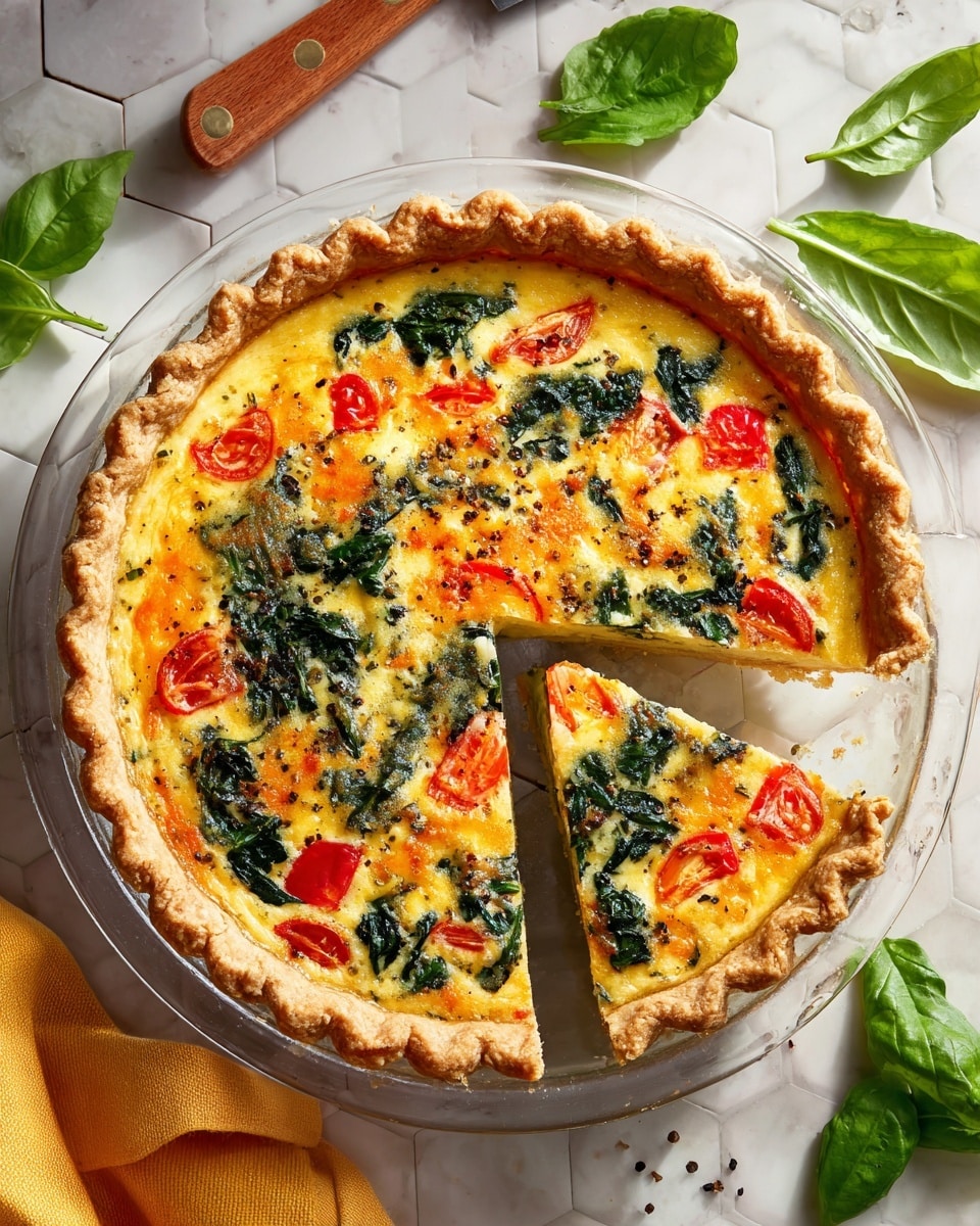 A round quiche with a golden-brown crust holds a colorful filling sliced into four pieces. The filling has a creamy yellow base with melted orange cheddar cheese spread on top. Bright green spinach leaves and red tomato slices are mixed and scattered evenly inside. The quiche sits on a clear glass pie dish on a white marbled surface with hexagon tiles barely visible beneath. A woman's hand holding a knife with a wooden handle is near the dish, with some fresh green basil leaves and a small glass bowl of spinach nearby. A yellow cloth is folded to the lower left corner. Photo taken with an iphone --ar 4:5 --v 7