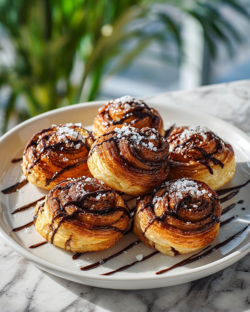 The image shows a close-up of six golden brown puff pastry swirls arranged on a white plate. Each swirl has multiple flaky layers with a slightly crispy texture, dark brown caramelized edges, and a shiny glaze. The pastries are drizzled with dark chocolate sauce in thin, uneven lines across the top and the plate. White coarse sugar crystals are sprinkled generously on the swirls, adding a sparkling touch. The plate sits on a wooden surface with a blurred green plant background. Photo taken with an iphone --ar 4:5 --v 7