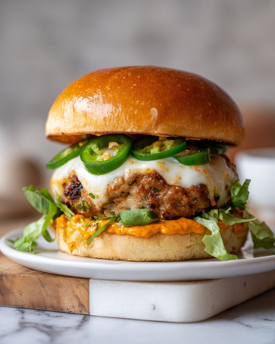 A close-up of a burger on a white plate with a white marbled surface beneath it, showing four clear layers: a shiny golden-brown top bun sitting above fresh green sliced jalapeños, a layer of melted white cheese, a thick light brown patty with green herbs, crisp green lettuce leaves, and a spread of orange sauce on the bottom soft bun. The background is soft and light, and there is another burger slightly blurred behind. photo taken with an iphone --ar 4:5 --v 7
