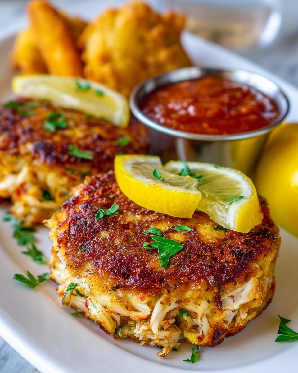 Two golden brown crab cakes with a slightly crispy texture are placed side by side on a large white plate with a white marbled background. Each crab cake shows small chunks of crab meat with green herb bits sprinkled on top. One crab cake has a small wedge of lemon resting on it near the center front of the image. To the right of the crab cakes, there is a small, round silver cup filled with bright red dipping sauce that has a thick, chunky texture. The scene is well-lit with natural light highlighting the crispy edges and fresh ingredients photo taken with an iphone --ar 4:5 --v 7