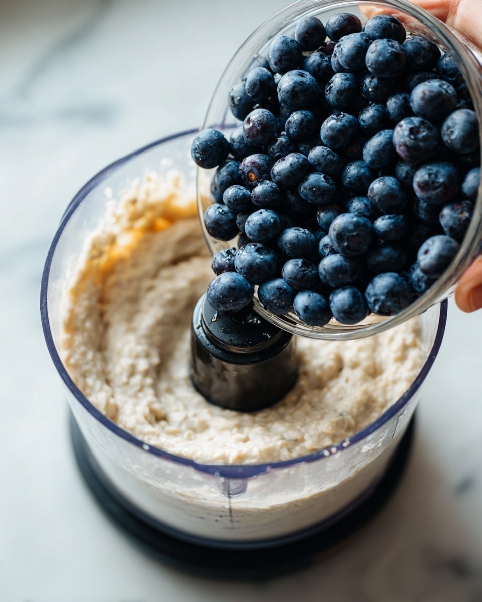 The image shows a food processor with creamy oatmeal and brown sugar inside. On top of the oatmeal, a woman's hand is holding a clear glass bowl full of fresh, dark blue blueberries, about to pour them in. The food processor is placed on a white marbled background. The colors are soft with the light beige oatmeal, deep blue berries, and the clear container of the food processor. Photo taken with an iphone --ar 4:5 --v 7