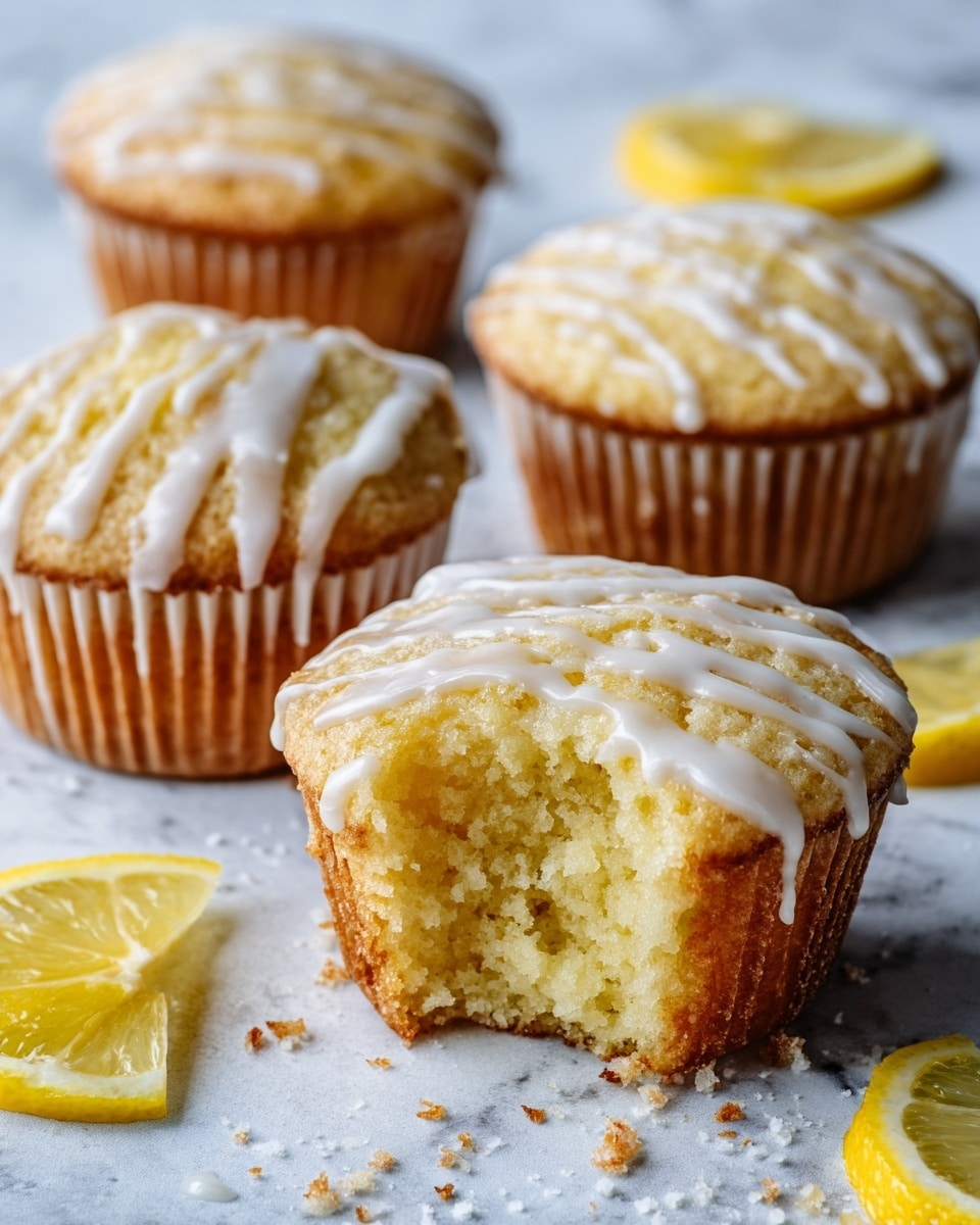The image shows several lemon muffins with a soft yellow color, each wrapped in light beige paper liners. One muffin in the front has a bite taken out, revealing a moist, crumbly inside. Each muffin is topped with thin white icing lines drizzled in a loose pattern. Around the muffins, there are a few slices of fresh lemon with a shiny, juicy texture. The muffins and lemon slices rest on a white marbled surface with a clean, bright look. photo taken with an iphone --ar 4:5 --v 7