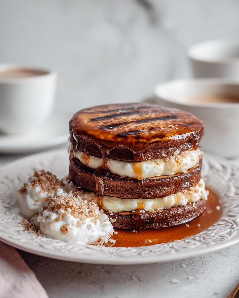 A stack of three dark brown pancakes with a textured surface, each separated by a layer of light yellow cream that is smooth and thick, peeking out from the sides in dollops. The top pancake is covered with a glossy, caramelized golden brown glaze that has darker grill marks running across it. To the left of the stack, there are two small dollops of white cream, one topped with a light dusting of brown crumbs and sugar. Everything sits on a white plate with an embossed floral pattern, set against a white marbled texture, with a blurred white cup and bowl in the background. Photo taken with an iphone --ar 4:5 --v 7