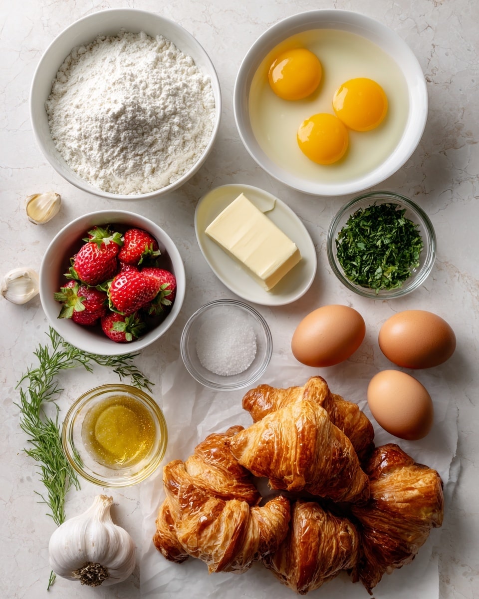 The image shows a white marbled surface with cooking ingredients arranged neatly. On the top left, there's a white bowl filled with white flour, next to it is another white bowl holding two bright yellow egg yolks in clear egg whites. Below, a small white bowl contains red strawberries with green leaves, and next to it is a small bowl of green chopped herbs. A clear bowl with white salt is near a white bowl filled with pale yellow crumbly butter. In the center, there is a block of solid pale yellow butter. To the right, there are four golden brown flaky croissants stacked in a loose pile on a white parchment paper. Below the croissants, five whole brown eggs rest on the surface near a whole bulb of garlic with a few cloves separated. A small glass cup of golden honey and a green herb sprig lie near the croissants. The overall color contrast of golden browns, reds, greens, and yellows against the white marbled background is visually pleasing photo taken with an iphone --ar 4:5 --v 7