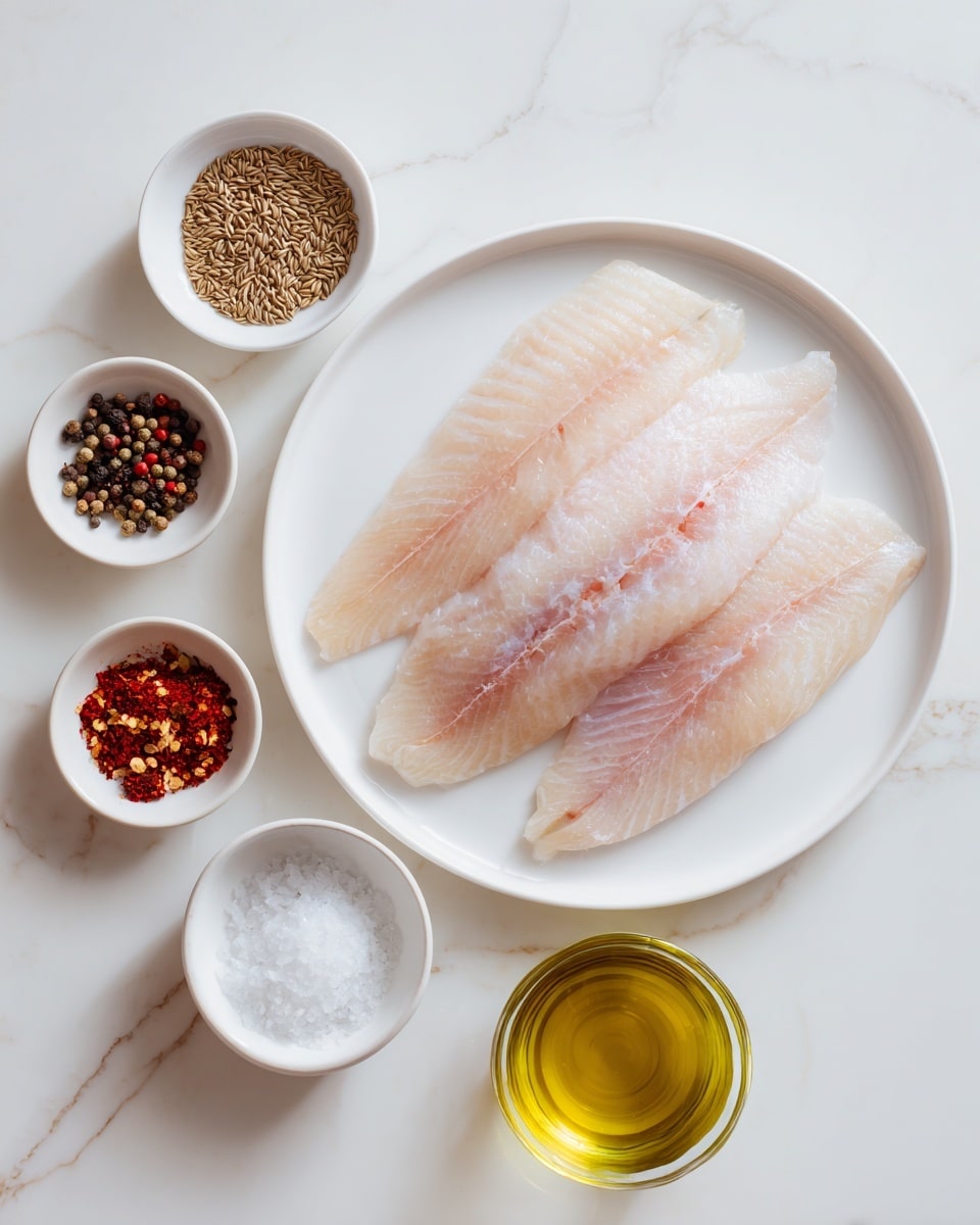 A white plate is placed in the center on a white marbled texture surface, holding two pale pink fish fillets with a smooth texture. Above the plate, a small white bowl contains light brown fennel seeds and black peppercorns. Below and to the left, another small white bowl shows a mix of spices: brown nutmeg, deep red paprika, red chili flakes, and white salt. To the right of the fish, there is a white small bowl filled with white salt, and below it, a transparent glass container with golden olive oil. The whole setup is clean and bright. Photo taken with an iphone --ar 4:5 --v 7