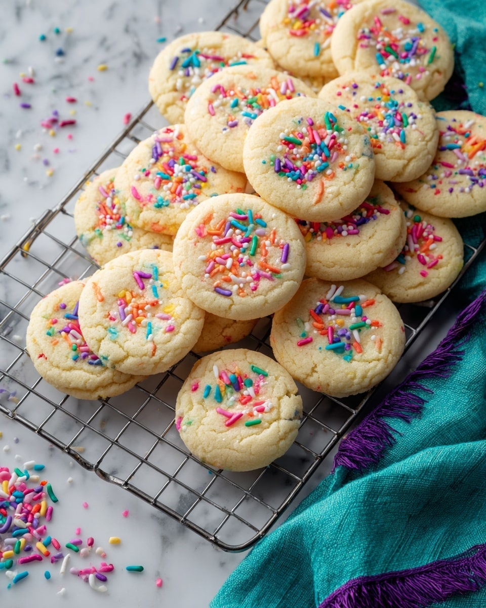 A group of about twenty round cookies with a light golden color and soft texture are laid out on a cooling rack. Each cookie is topped with scattered, colorful rainbow sprinkles in pink, orange, green, purple, blue, white, and red. The cookies vary slightly in size and shape but have a soft, slightly thick look. The cooling rack sits on a white marbled surface beside a folded teal cloth with green and purple edges. Some sprinkles are scattered on the cloth and surface nearby. Photo taken with an iphone --ar 4:5 --v 7