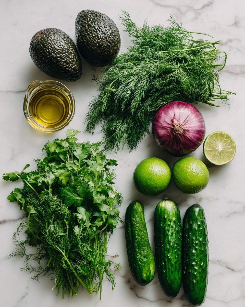 The image shows fresh ingredients arranged neatly on a white marbled surface. There are two dark green avocados on the left side, a small glass container of golden olive oil below them, and bunches of fresh dill and coriander/cilantro in the center. A half purple onion sits beside the herbs, with two bright green limes placed nearby. On the right side, there are three small green cucumbers lying horizontally. Each ingredient is vibrant with natural colors and textures visible. photo taken with an iphone --ar 4:5 --v 7