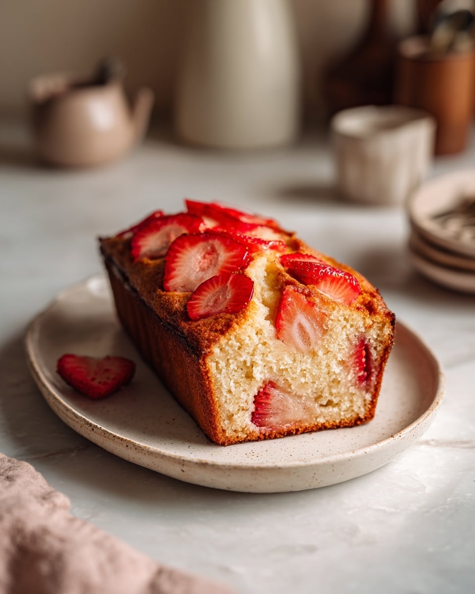 A loaf of strawberry bread sits on a white plate on top of a white marbled surface. The bread has one main layer that is light brown with a soft texture inside, dotted with pieces of bright red strawberries both embedded and on top. The crust is a darker golden brown, slightly crunchy, with strawberries visible in the top layer. The background is blurred with muted colors and a soft focus, keeping attention on the bread. photo taken with an iphone --ar 4:5 --v 7
