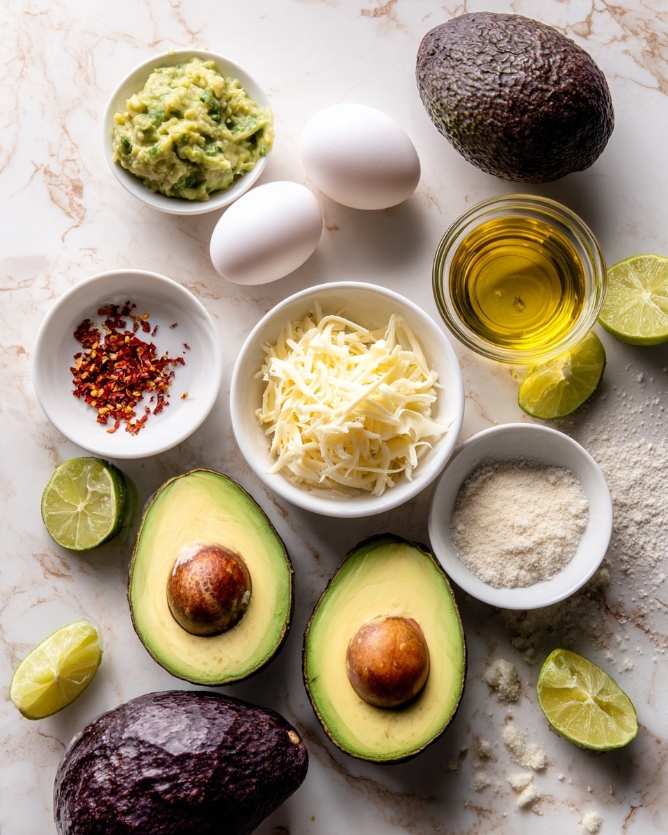 The image shows ingredients arranged neatly on a white marbled surface, including whole and sliced avocados with green, smooth flesh and large brown pits in the center. There are two whole white eggs placed near the avocados. Three small white bowls hold different items: finely shredded white cheese, reddish chili flakes, and green guacamole with lime wedges on top. Lime pieces, some whole and some cut, are scattered around a small glass cup filled with golden oil. Nearby is a rough-textured dark purple avocado skin, and another small bowl containing a powdery white ingredient. Everything is well-lit, highlighting the fresh and vibrant colors of the ingredients. Photo taken with an iphone --ar 4:5 --v 7