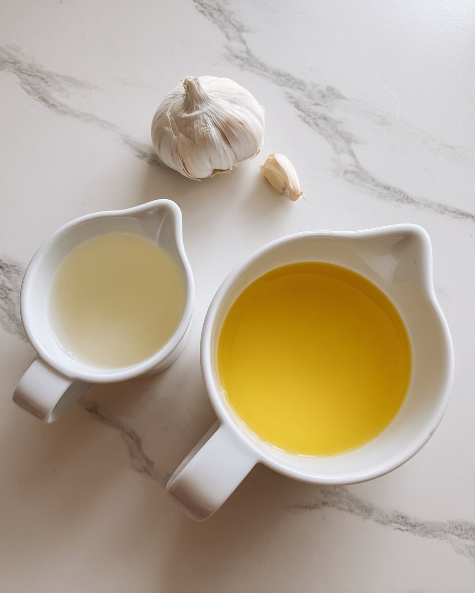 The image shows two white plastic measuring cups on a white marbled surface. The larger cup on the right is filled with a yellow liquid, and the smaller cup on the left contains a white liquid. Above the cups, there is a single peeled garlic clove. Photo taken with an iphone --ar 4:5 --v 7