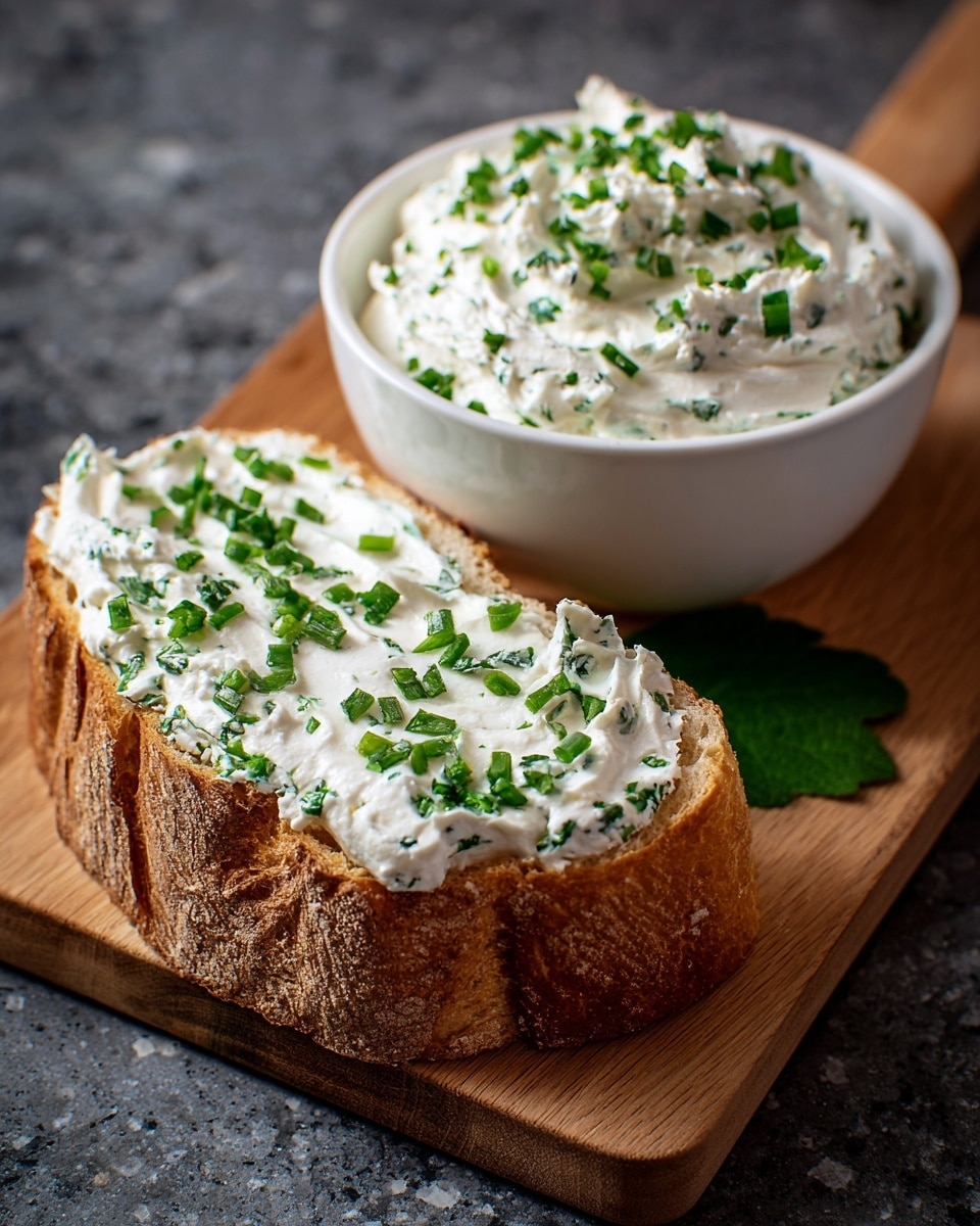 A piece of bread with a rough, light brown crust and soft inside is topped with a thick layer of white creamy spread mixed with small green herb pieces. Next to the bread is a white bowl filled with the same creamy spread, garnished with small chopped green herbs on top. Both the bread and bowl rest on a wooden board with a green leaf underneath the bread. The background surface is a dark granite texture. photo taken with an iphone --ar 4:5 --v 7
