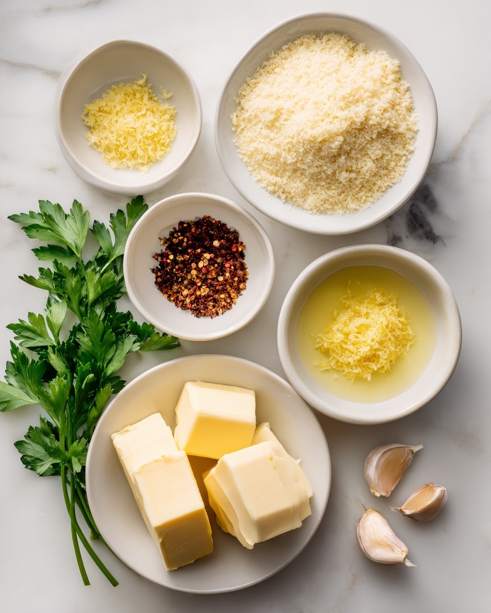 Six white bowls hold different ingredients arranged on a white marbled surface. The largest bowl is filled with fine, pale yellow Parmesan cheese at the top right. Below it to the right is a bowl with light yellow lemon juice. Below that is a smaller bowl containing yellow lemon zest with fine texture. At the bottom left is a bowl with four blocks of soft, yellow butter. Near the center left is a bowl filled with small, dark red pepper flakes. Fresh green parsley with broad leaves is placed on the surface to the left. To the right outside the bowls are two cloves of garlic with a light tan peel. Each ingredient is labeled with bold black and white text. Photo taken with an iphone --ar 4:5 --v 7