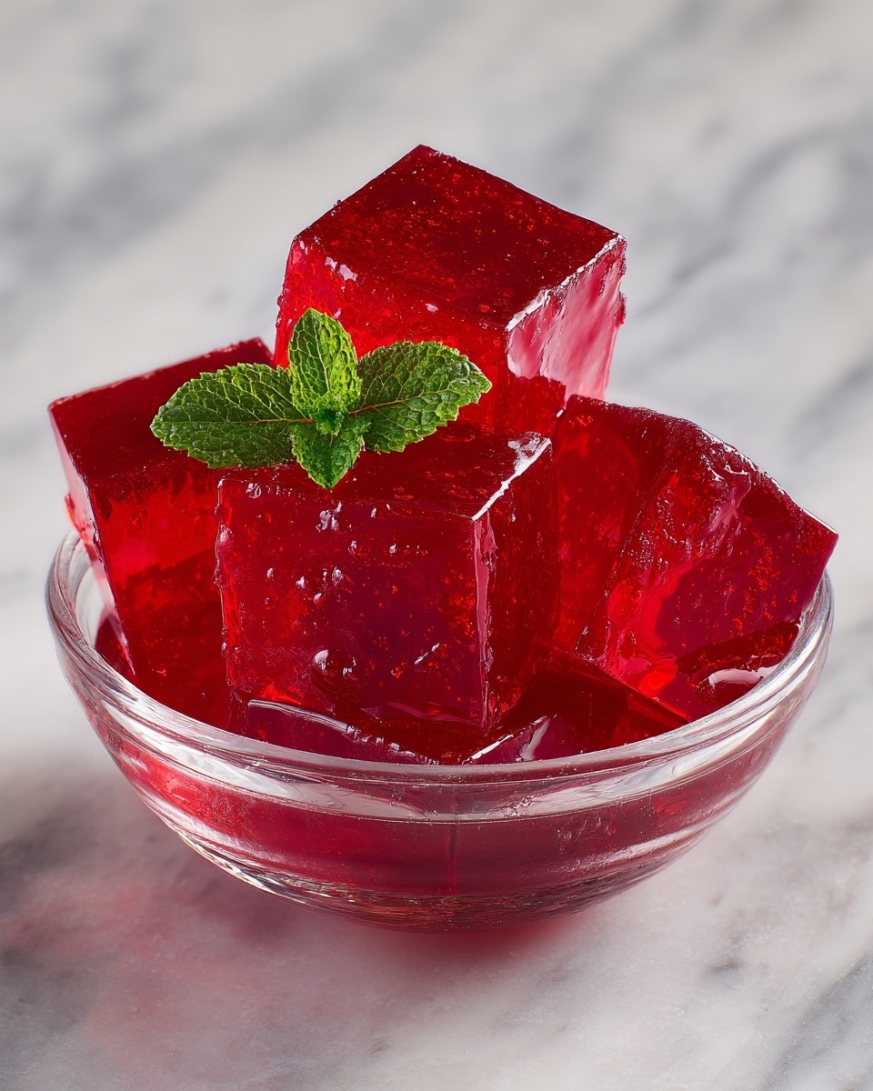 A clear glass bowl filled with several deep red jelly cubes stacked on top of each other, showing a smooth and shiny texture with light reflecting on their glossy surfaces. On top of the jelly cubes, there is a fresh green mint sprig placed as a garnish. The bowl sits on a white marbled surface. photo taken with an iphone --ar 4:5 --v 7
