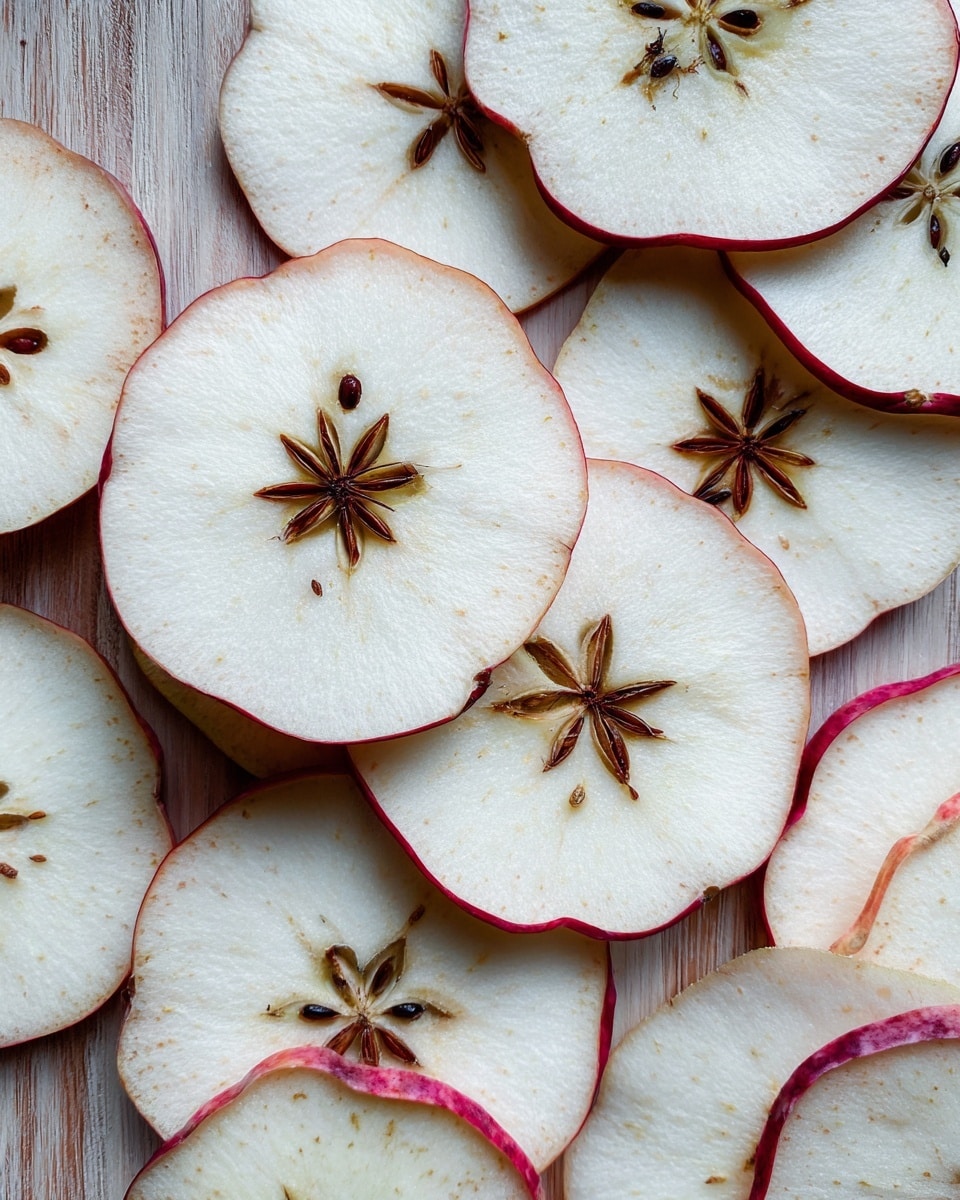 The image shows a group of very thin apple slices spread over a wooden surface. Each slice is round and mostly white inside with a lightly reddish edge from the apple skin. Some slices show star-shaped apple cores with small brown seeds inside, while others have a small brown dot in the center. The slices are laid flat in a loose cluster. The wooden surface has a natural grain texture. photo taken with an iphone --ar 4:5 --v 7