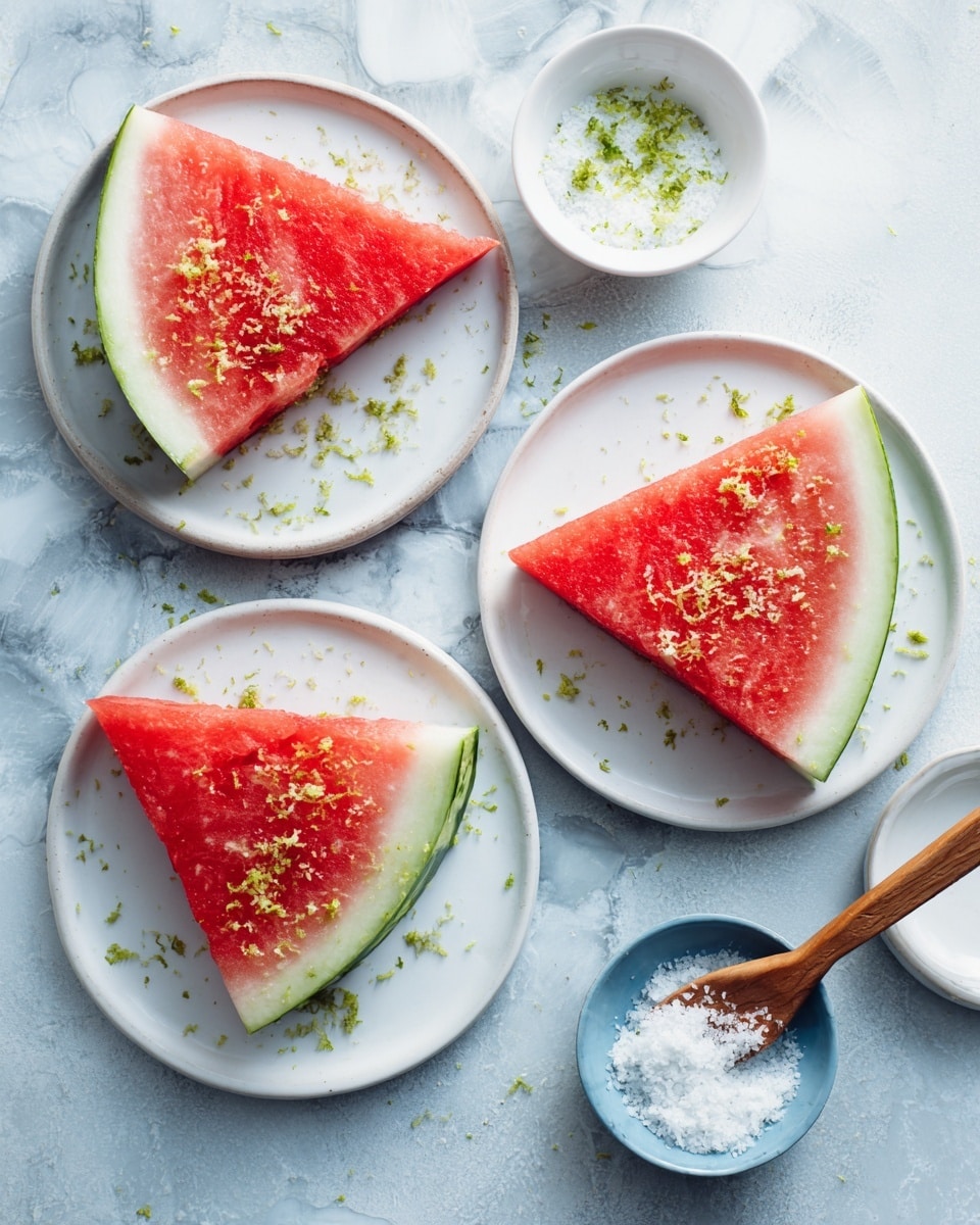 Three white plates are arranged on a light blue surface, each holding two triangular slices of watermelon with green rind and bright red fruit. The watermelon slices are sprinkled with small bits of green zest on top. Near the plates, a small white bowl holds a mixture of white and green granules with a wooden spoon resting inside. The background is changed to a white marbled texture. photo taken with an iphone --ar 4:5 --v 7