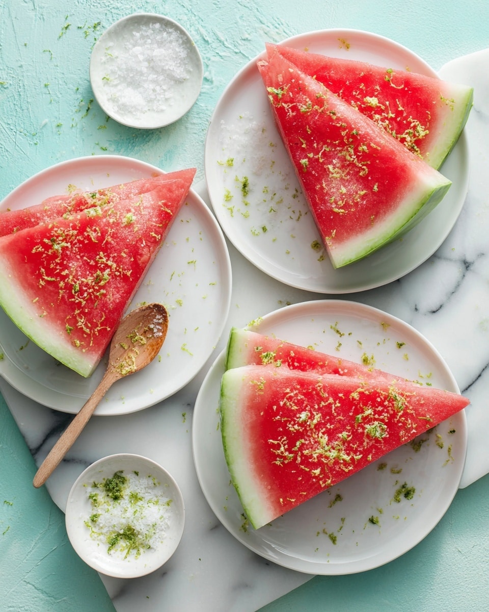 Three white plates are shown on a white marbled surface with two watermelon slices on each plate. The watermelon slices have a bright red juicy center, a pale white inner rind, and a green outer rind. The watermelon pieces are sprinkled with a green zest and small white granules, scattered lightly on the fruit and the plates. To the left, there is a small white bowl filled with extra green and white zest mixture, with a yellow wooden spoon resting inside. The whole scene is bright and fresh with clean lines and vibrant colors. photo taken with an iphone --ar 4:5 --v 7