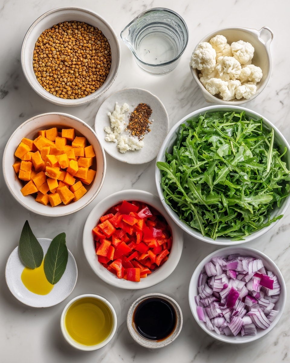 The image shows many white bowls and dishes arranged neatly on a white marbled surface, each holding different fresh ingredients. In the center is a bowl full of fresh green leafy arugula. To its right, there is a small bowl with bright red chopped bell peppers and another with cut purple onions. Above them, there is a bowl filled with white cauliflower florets and another with orange sweet potato cubes. On the left side, there is a bowl of light brown lentils, a small plate with a green bay leaf, and smaller dishes containing minced garlic, yellow mustard, soy sauce, a light yellow liquid, crumbled white cheese, and olive oil. A clear glass measuring cup filled with water is also visible. All the bowls are shown from above, and the ingredients have fresh, clean textures and bright natural colors. Photo taken with an iphone --ar 4:5 --v 7