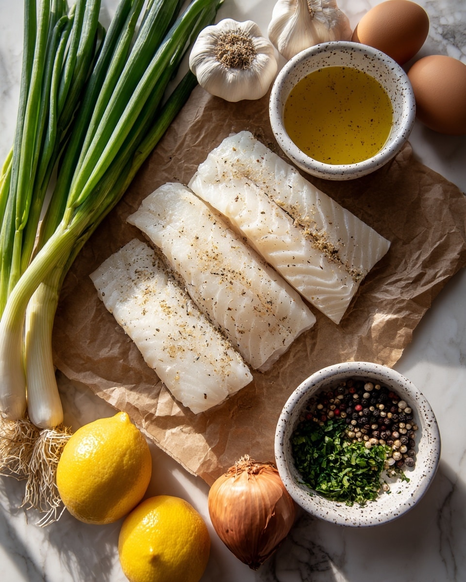 The image shows three pieces of white fish fillets placed on a piece of parchment paper with some sprinkled seasoning on top; the fish has a smooth texture with natural lines visible. To the left, there is a bunch of long green onions with white bulbs, a head of white garlic, and a whole brown egg arranged in a neat cluster. At the top right, there are two small white, speckled bowls, one filled with a golden yellow liquid and the other with a mix of chopped green herbs, black peppercorns, and other spices. Below the bowls, a small whole brown onion and a whole lemon with a half lemon showing its inside sit on the white marbled surface. The scene is lit with natural light, creating soft shadows and highlighting the fresh ingredients. photo taken with an iphone --ar 4:5 --v 7