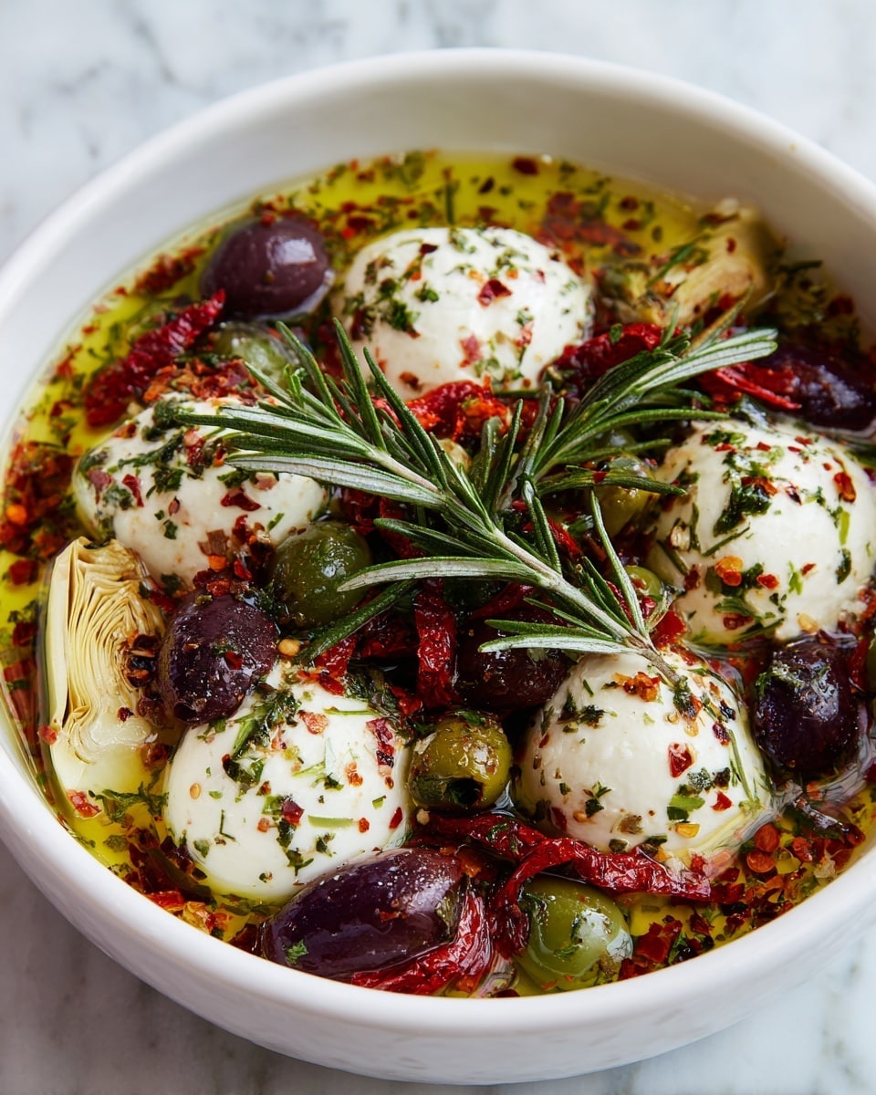 A white bowl filled with a mix of marinated ingredients sitting on a white marbled surface. The dish has three main layers: round white mozzarella balls with herbs and chili flakes on top, surrounding artichoke hearts with their light green leaves folded in layers, and mixed olives in green and dark purple shades scattered throughout. Small red sun-dried or roasted tomatoes add bright color, and fresh green rosemary sprigs rest on top. Everything is covered in golden olive oil that glistens, with each ingredient showing a shiny and fresh texture. Photo taken with an iphone --ar 4:5 --v 7
