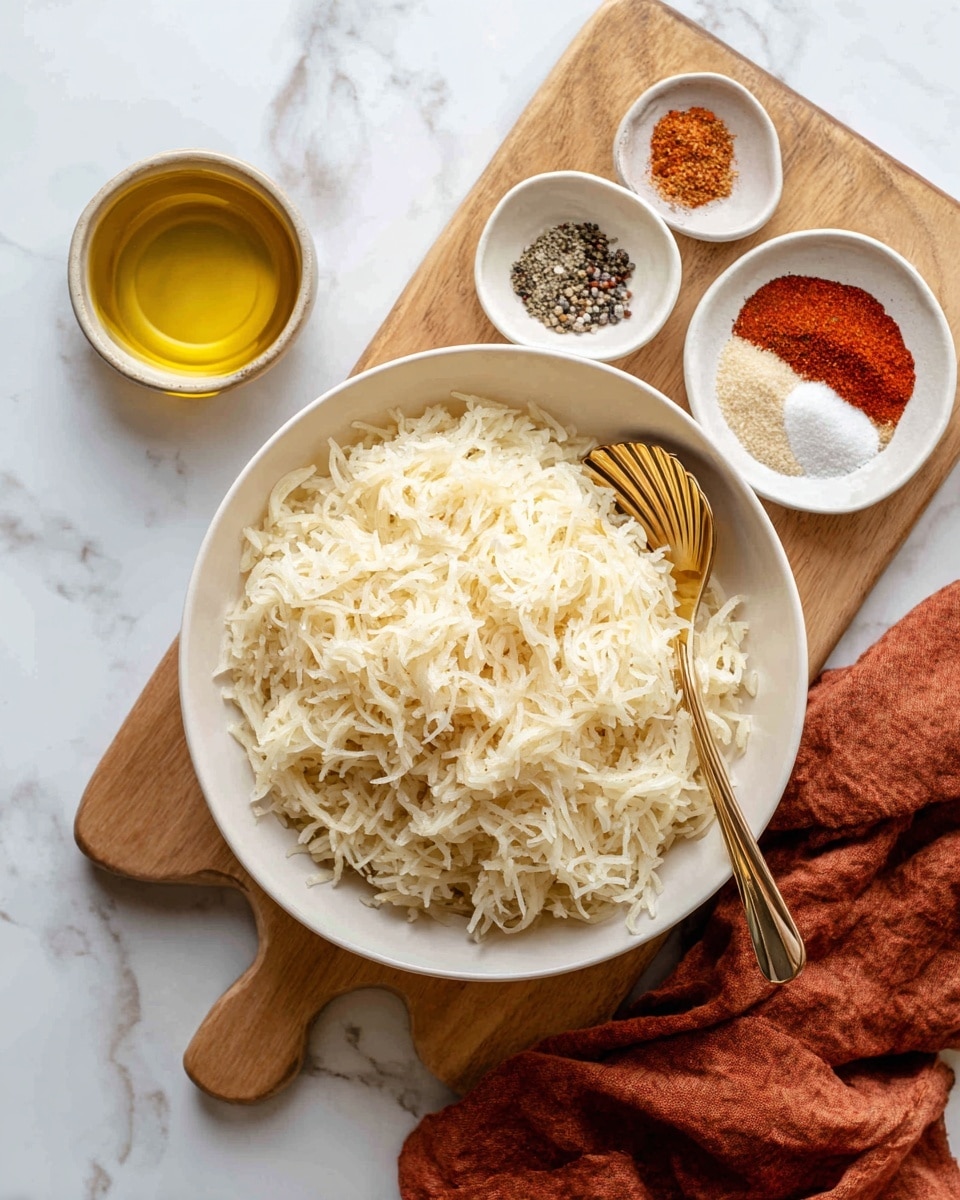 A white bowl filled with a large pile of shredded light beige potatoes sits on a light wooden cutting board. A gold spoon with a shell-shaped bowl is resting inside the potato heap. Above and to the right of the bowl are three smaller white bowls: the top right bowl contains three separate piles of spice powders in light brown, bright red, and white colors on its textured surface, the middle bowl above the potato bowl is filled with golden olive oil, and the bottom right bowl holds coarse salt and black pepper. Underneath the smaller spice bowls and to the right of the cutting board, a crumpled burnt orange cloth adds a warm touch, all set against a white marbled surface. photo taken with an iphone --ar 4:5 --v 7