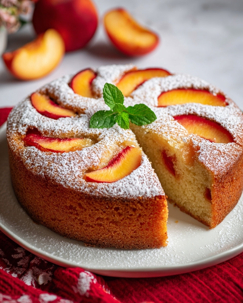 A round peach cake with a golden brown crust sits on a white plate, showing two slices removed from the front. The cake has a soft, light beige inside filled with peach slices that are bright yellow and orange, arranged mainly on the top layer in overlapping patterns. A light dusting of white powdered sugar covers the whole surface, with a fresh green mint leaf placed on top near the edge for contrast. The white marbled surface under the plate adds subtle texture, and some halved peaches are placed near the top left corner for decoration. photo taken with an iphone --ar 4:5 --v 7