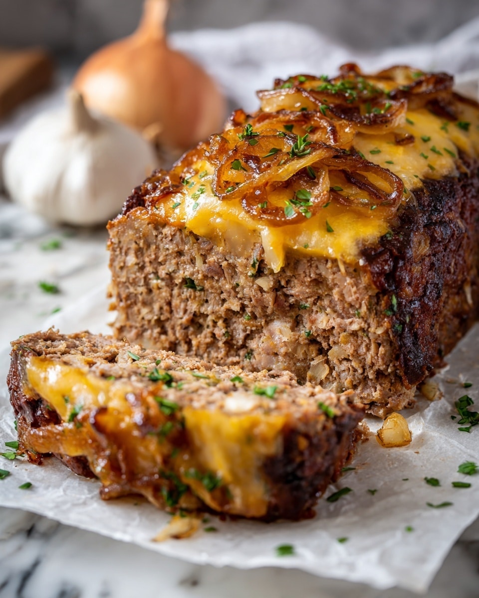 The image shows a sliced meatloaf topped with caramelized golden-brown onion rings and a shiny brown sauce that drips down the sides. The meatloaf has a browned, slightly crispy outer layer and a soft, crumbly inner texture with a light brown color. There is a layer of melted cheese just under the onions that adds a pale cream color. The dish is placed on parchment paper, and there is a roasted garlic bulb with a charred surface on the side. The background is a white marbled texture. photo taken with an iphone --ar 4:5 --v 7