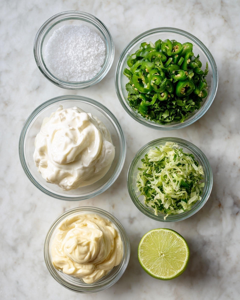 The image shows six small clear glass bowls and one lime wedge arranged on a white marbled surface. The top row from left to right has a small bowl of clear salt, a bowl filled with sliced pickled jalapenos, and a bowl of chopped green coriander/cilantro. Below these are two bowls: one with white sour cream and the other with pale yellow mayonnaise. To the right side of the mayonnaise bowl is a bright green lime cut in half with the cut side facing up. Each bowl's contents have different textures, from smooth creamy to leafy or pickled. photo taken with an iphone --ar 4:5 --v 7