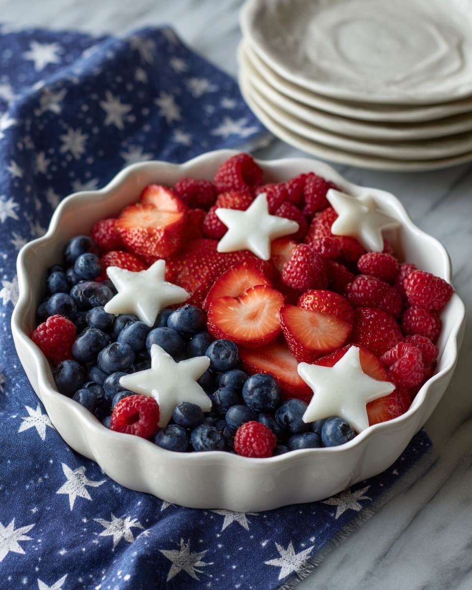 The image shows four clear glass cups filled with a colorful mix of chopped strawberries, blueberries, small white marshmallows, and light tan nuts. Each cup contains these layers mixed together, with the bright red strawberries and dark blue blueberries standing out against the white marshmallows. The cups are placed on a white marbled surface, surrounded by whole strawberries to the right, a white bowl of whipped cream partially visible to the left, and a wooden bowl filled with fresh blueberries near the bottom left. A blue and white striped cloth is also on the surface near the bottom right corner. Photo taken with an iphone --ar 4:5 --v 7