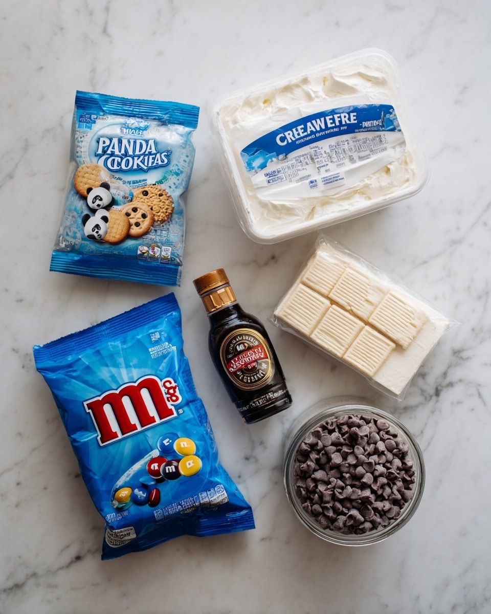 The image shows five food items arranged on a white marbled surface. From the top left, there is a blue and white package of Panda cookies. Next to it, at the top center, is a white tub of cream cheese with a blue label. To the right, there is a white box of vanilla wafer cookies. Below the cream cheese, there is a small brown bottle of chocolate syrup. At the bottom left, a blue bag of M&M's candies is placed. Finally, at the bottom right, there is a glass jar filled with mini chocolate chips. The items are spaced evenly and clearly visible. photo taken with an iphone --ar 4:5 --v 7