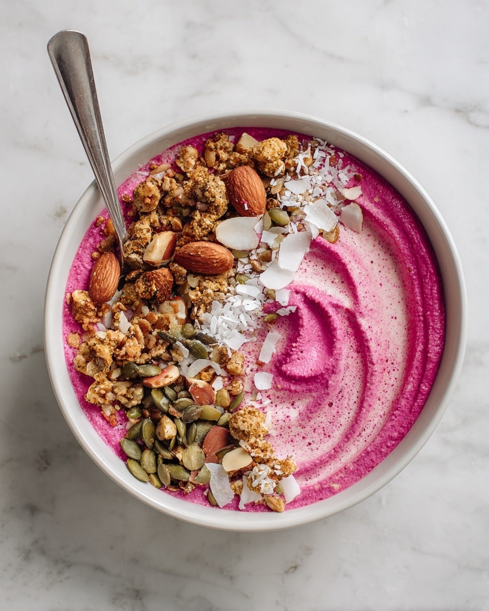 A white bowl filled with a thick, bright purple smoothie base, swirled smoothly on one side. On top, there are clusters of granola with light brown and beige tones, whole almonds, green pumpkin seeds, and white coconut flakes scattered over the granola. The bowl sits on a white marbled surface with soft shadows, and a silver spoon rests inside the bowl on the left side. photo taken with an iphone --ar 4:5 --v 7