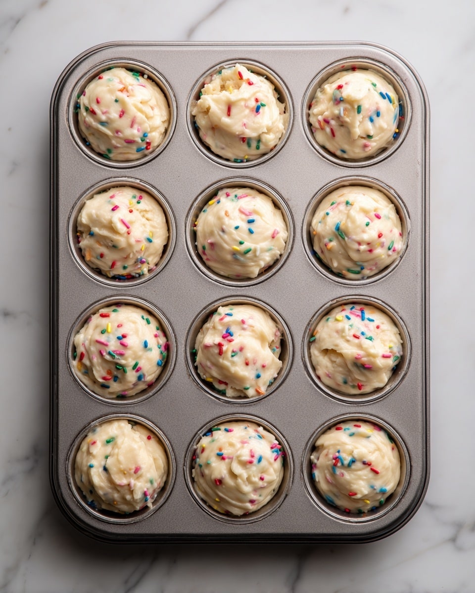 The image shows a metal muffin tray with twelve cavities, each cavity filled with creamy, light beige batter that has colorful confetti sprinkles mixed inside. The batter is rounded above the edge of each cavity, giving a slight dome shape. The tray sits on a white marbled surface, and the texture of the batter is smooth with some small lumps from the sprinkles, which are red, blue, yellow, and green. The overall look is neat, with the batter evenly distributed in each cavity. Photo taken with an iphone --ar 4:5 --v 7