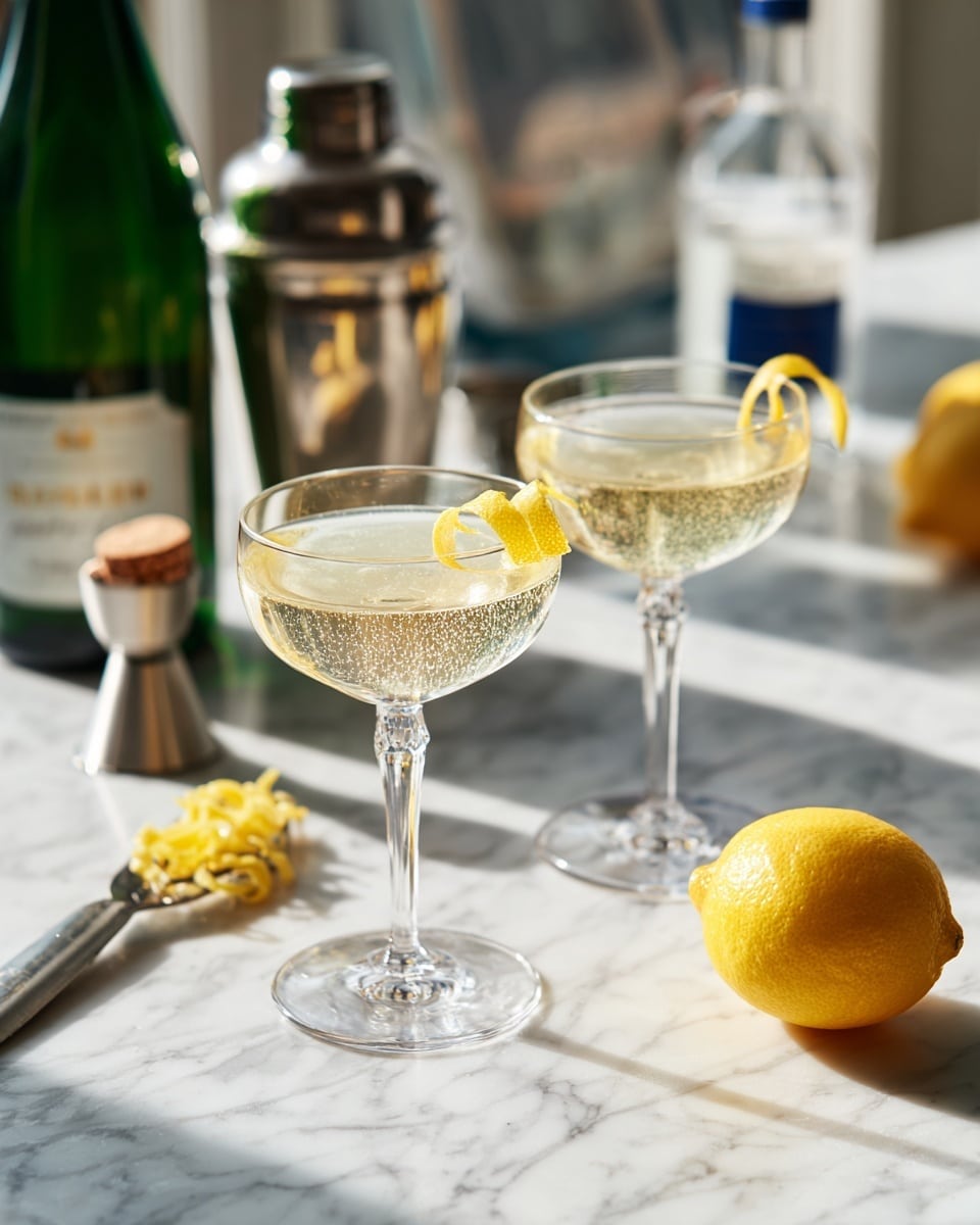 Two clear champagne coupe glasses each hold a light yellow sparkling drink with small bubbles rising inside. Each glass has a thin yellow lemon twist peeling curled on a small silver pick resting on the rim. The glasses are on a white marbled surface with a whole yellow lemon in the front left and a metal peeler with lemon zest on it near the lemon. Behind the glasses are a clear bottle with a white label and blue detail, a dark green bottle, and a metal cocktail shaker with a strainer on top. In front of the shaker is a metal jigger and a cork with wire cage nearby. Photo taken with an iphone --ar 4:5 --v 7