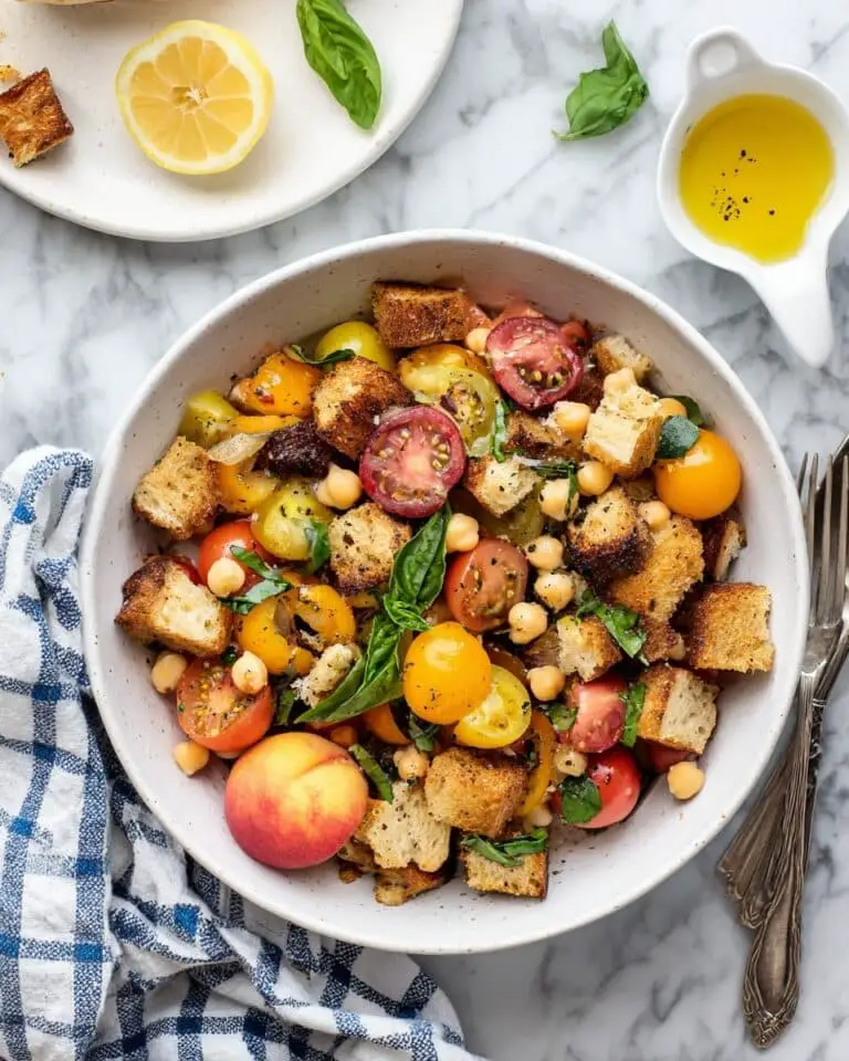Summer Panzanella Salad with Peaches, Corn, and Roasted Chickpeas Recipe