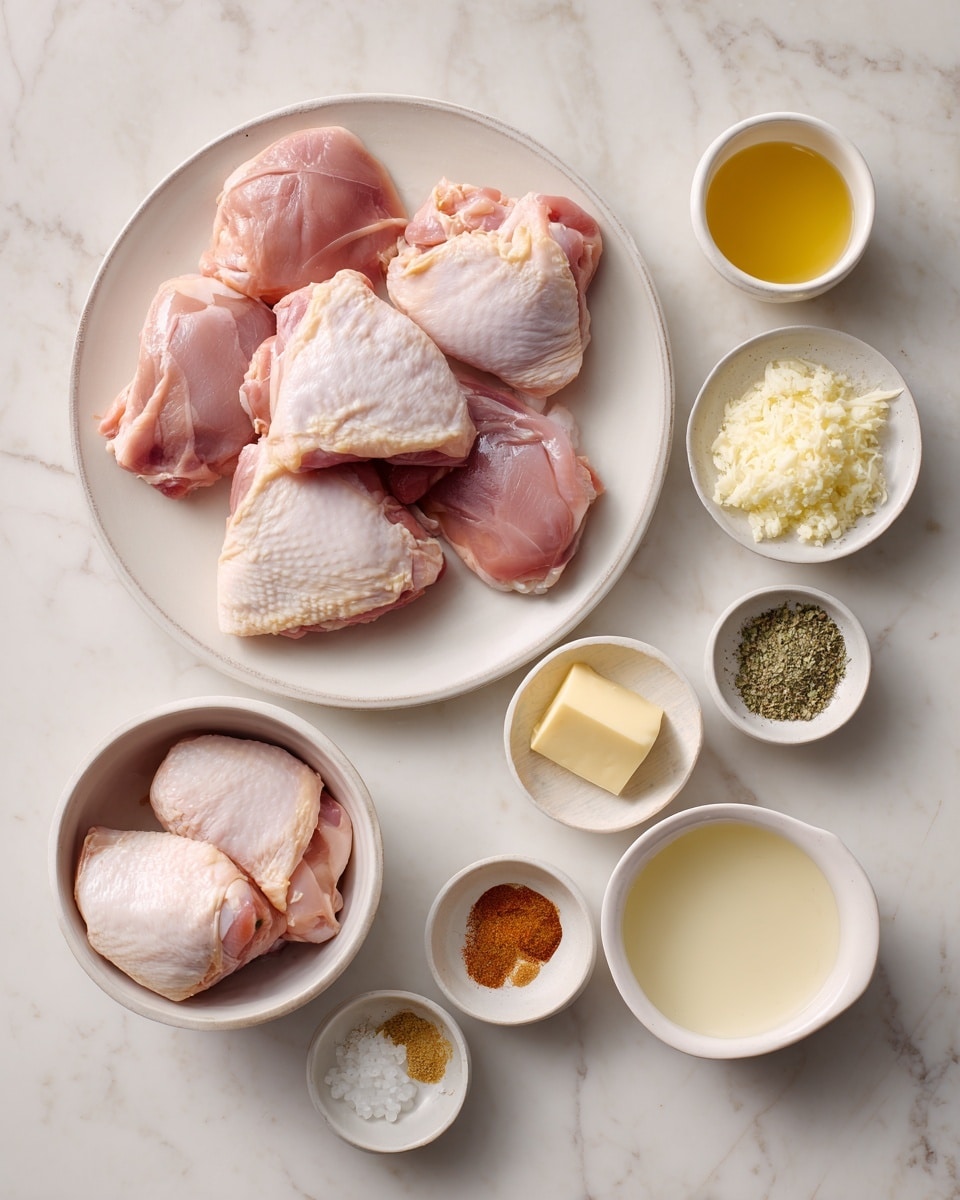 The image shows a white plate on a white marbled surface. On the main plate, five pieces of uncooked pink chicken thighs are arranged in a circle with a small gap in the center. Below it, a smaller white bowl holds two more uncooked chicken thighs. Around these, small white bowls and dishes hold various ingredients: a square of pale yellow butter, chopped white onions, minced light yellow garlic, off-white breadcrumbs, dried green herbs, a pinch of salt, a golden-yellow liquid likely oil, a light brown spice, a reddish spice, a small bowl of light cream or milk, and a bowl of light yellow chicken broth. The colors and textures are clear and well-lit, with sharp separation between each ingredient. photo taken with an iphone --ar 4:5 --v 7