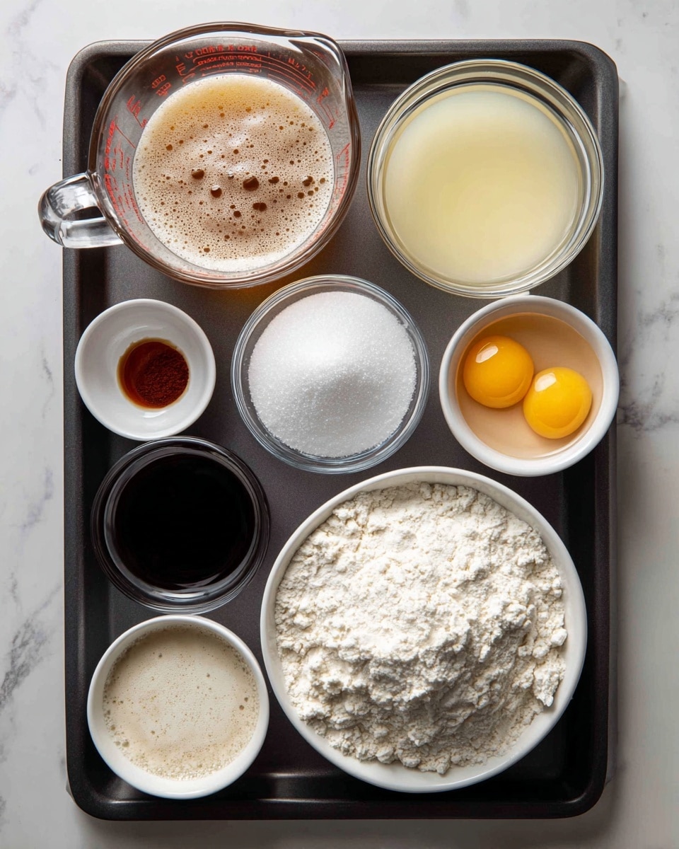 The image shows eight clear and white bowls with different baking ingredients placed on a dark baking tray, all set on a white marbled surface. Starting from the top left, there is a glass measuring cup filled with a light brown bubbly liquid, next to it on the right is a small clear bowl with a pale yellow liquid. Below these two, in the middle left, there is a small clear bowl filled with white granulated sugar, and next to it on the right is a small clear bowl with two raw eggs, showing bright yellow yolks in a clear egg white. On the bottom left corner, there is a small clear glass with a foamy creamy liquid, beside it to the right is a small white bowl holding dark brown vanilla extract. Above the vanilla bowl, there is a small white bowl with white powder mixed with a little reddish-brown powder. The largest bowl, at the bottom right, is white and filled with white flour, slightly piled up. Photo taken with an iphone --ar 4:5 --v 7