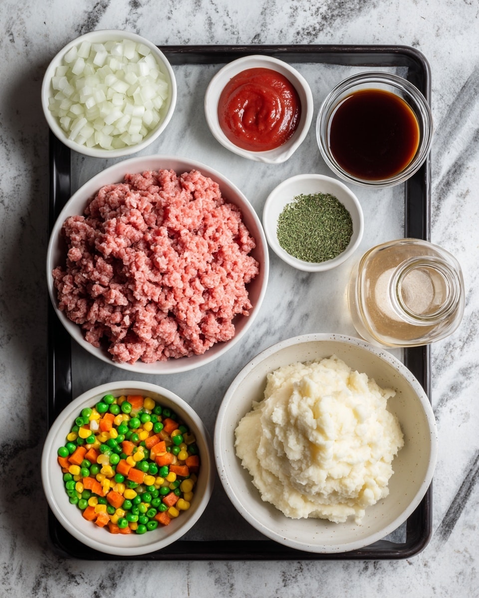 A white bowl filled with light pink ground beef sits near the center on a black tray with a white marbled surface underneath. Surrounding it are smaller white bowls containing various ingredients: at the top, diced white onions; to the right, bright red tomato paste; below that, a deep brown Worcestershire sauce; a small heap of dried green herbs next to it; a light brown broth in a small glass jar; white gluten-free flour in a small bowl; and creamy white mashed potatoes in a larger bowl at the bottom right. On the bottom left, a white bowl holds a colorful mix of peas, corn, and orange carrot pieces. Next to it, a smaller bowl contains minced garlic. Photo taken with an iphone --ar 4:5 --v 7