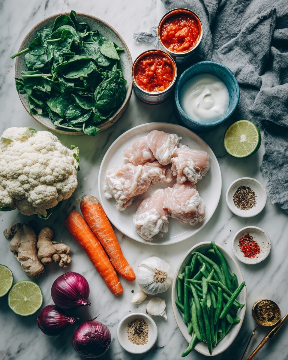 The image shows fresh ingredients arranged on a white marbled surface. In the center, there is a white plate with three raw, pale pink chicken pieces. Behind it to the left, a bowl piled high with bright green spinach leaves sits next to two open cans of red tomato sauce. A fresh lime and a blue bowl containing white yogurt are placed on the right side. In front of the chicken, a large white cauliflower head is near two orange carrots and two small purple shallots on the left side. Fresh ginger and garlic bulbs are also on the left. A white oval dish full of green beans is near the bottom right corner. Small white dishes hold various ground spices and a golden measuring spoon lies nearby. The whole scene is set casually with a crumpled gray cloth on the upper right. Photo taken with an iphone --ar 4:5 --v 7