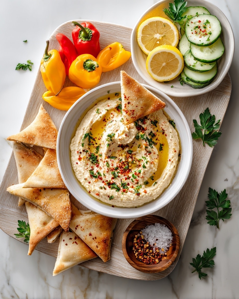 A white bowl in the center holds creamy hummus with a smooth white texture, topped with a drizzle of golden olive oil and small green parsley leaves scattered on top. Two pita bread triangles, light brown with a soft texture, rest partially dipped in the hummus inside the bowl. Around the bowl are more pita triangles laid out, showing a slightly toasted surface with green herb bits sprinkled on some pieces. On the left side of the bowl, there is a cluster of small red, orange, and yellow mini bell peppers with a shiny and fresh surface. To the right, there are thick slices of bright green cucumber with a wet look, arranged neatly. Above the cucumber, a small white plate with gold rim holds two lemon halves cut side up and a small bunch of green parsley leaves. Nearby, a small wooden bowl is filled with coarse white salt, and another small wooden bowl above contains red chili flakes. The entire arrangement sits on a white marbled surface with light brown napkins under some dishes. photo taken with an iphone --ar 4:5 --v 7