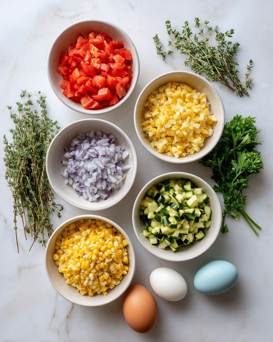 The image shows six white bowls on a white marbled surface, each filled with different chopped ingredients. One bowl contains bright red diced tomatoes, another has light purple chopped onions, and a third is filled with yellow corn kernels. A fourth bowl holds a mix of chopped yellow and green zucchini. Fresh herbs, including thyme and curly parsley, are scattered on the surface. There are also four eggs of different colors (brown, blue, and white) positioned together near the bowls. The overall arrangement is colorful and fresh, with a clear view from above. photo taken with an iphone --ar 4:5 --v 7