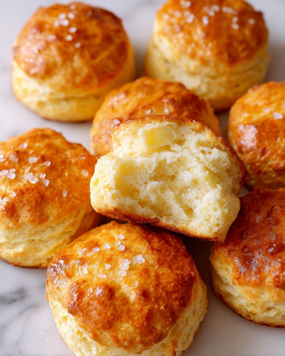 A close-up view of seven golden brown biscuits with a soft, fluffy texture visible inside one biscuit that has a bite taken out of it, all placed closely together on a white marbled surface. The biscuits have a shiny, slightly crispy top with light browning and small grainy salt crystals on the surface. They are round and thick with an inviting, warm color. photo taken with an iphone --ar 4:5 --v 7