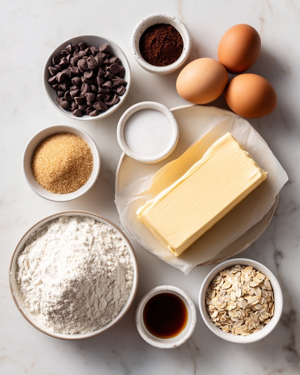 The image shows ingredients laid out on a white marbled surface. There are small white bowls filled with dark brown chocolate chips, light brown sugar, and a small amount of beige oats. Near them, three whole brown eggs are placed close together. Beside the eggs, there is a white bowl with a pile of white flour. There is a small white bowl of plain white salt and a plate holding a thick slab of yellow butter. A small white bowl with dark amber vanilla extract is also visible. The ingredients are spaced evenly, and the colors contrast against the clean white marbled background. Photo taken with an iphone --ar 4:5 --v 7
