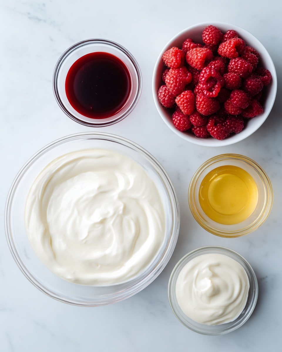 A clear glass bowl is filled with white thick cream, placed on a white marbled surface. Next to it, a white bowl holds fresh red raspberries. Two small clear bowls sit nearby, one with a dark red sauce and the other with a light yellow liquid, possibly honey or lemon juice. Another bowl with a white creamy mixture is also present. All bowls are arranged neatly, showcasing a mix of bright red, white, and soft pale yellow colors on the white marbled background. photo taken with an iphone --ar 4:5 --v 7